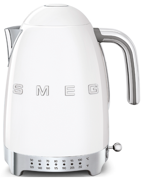 White Smeg Variable Temperature Kettle Collection with LED temperature display and temperature control on white background.