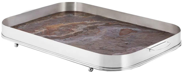 A St. James Oblong Gallery Tray measuring 58cm x 41cm x 9cm with a metallic frame and a Black Line Stone base, featuring two handles for easy carrying.