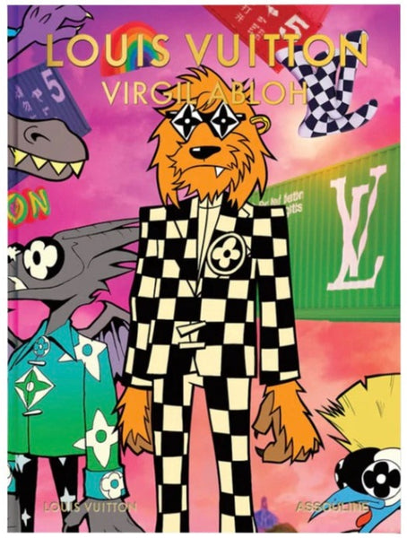 A colorful and stylized illustration featuring a lion in a checkered suit adorned with Assouline's Louis Vuitton: Virgil Abloh Classics Collection logos and cartoonish figures around it, seemingly a playful take on luxury branding.