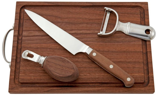 Fortessa Signature Cocktail Garnishing Bar Tool Set, showcasing a chef's knife, kitchen peeler, and bottle opener from the Fortessa Signature Collection. Each tool boasts wooden handles designed by Charles Joly.