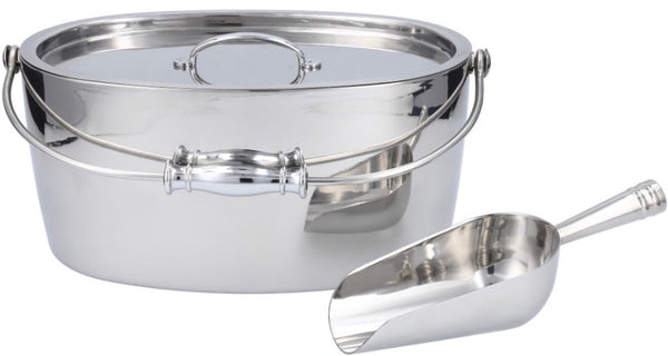 Discover the elegant Fortessa Fortessa Crafthouse Oval Ice Bucket with Ice Scoop, a stunning addition to your barware collection. This stainless steel bucket comes with a lid and is complemented by a sleek metal scoop beside it.