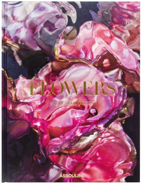 A book cover titled "Flowers: Art & Bouquets" by Assouline featuring a close-up of distorted, translucent floral shapes with pink and purple hues, showcasing the expertise of floral artists.