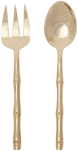 A Blue Pheasant Liliana Polished Gold Bamboo 2 Piece Serving Set, featuring a gold-colored serving fork with three prongs and a gold-colored serving spoon, both designed with bamboo-inspired handles and crafted from polished gold stainless steel.