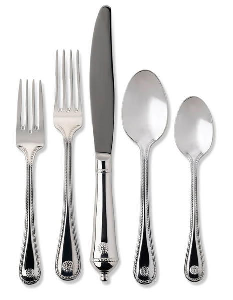 The Juliska Berry & Thread 5 Piece Flatware Set, Polished, features two forks, a knife, a spoon, and a teaspoon, each adorned with the Berry & Thread motif on the handles and neatly arranged side by side.