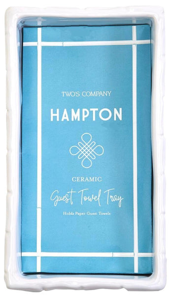 Image of a blue Two's Company Hampton Faux Bamboo Fretwork Guest Towel Tray, displayed in its packaging. This chinoiserie-style tray is designed to hold paper guest towels.