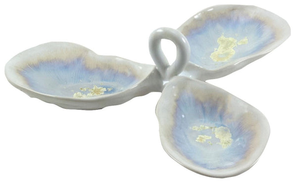 A AE Ceramics Condiment Triple Tray with a handle, featuring a blue and white color scheme with gold accents.