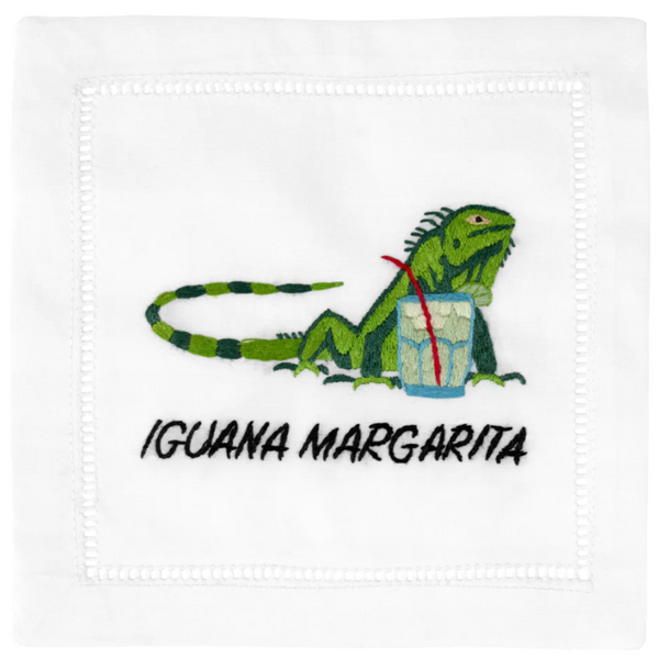 Elegant August Morgan Cocktail Napkins Iguana Margarita, Set of 4 made of cotton.