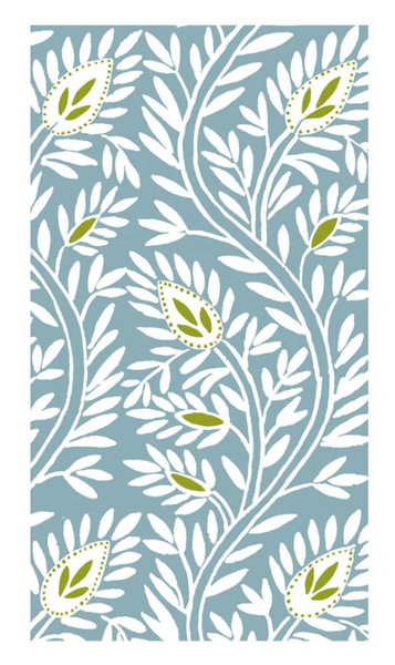 A pattern of white leafy branches and green leaf clusters on a light blue background graces these Caspari Samsara Stone Blue, Guest Towels. The design is repetitive and symmetrical, adding a touch of natural elegance to any setting.