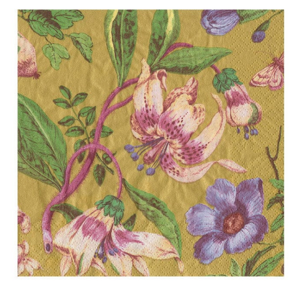 A floral pattern with various flowers and leaves on a yellow background, depicted on Caspari triple-ply, biodegradable napkins featuring the CAS Porcelain Blooms Gold design.