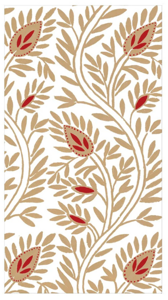 A beige and red floral pattern on a white background, featuring Caspari Samsara Gold Guest Towels.