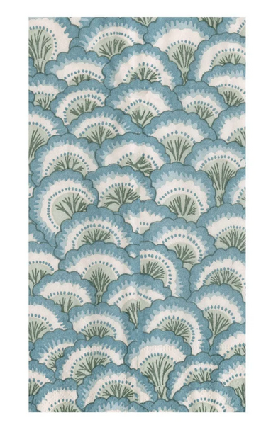 Biodegradable fabric with a Caspari Pontchartrain Scallop Blue peacock feather pattern.