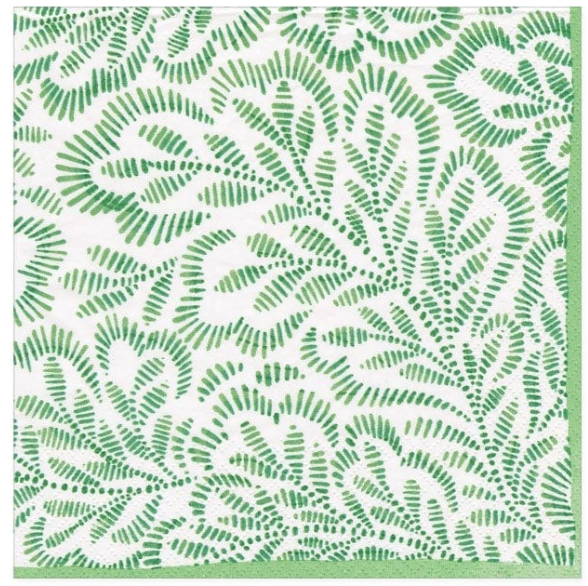 Green and white floral eco-friendly Caspari Block Print Leaves Green textile pattern featuring leaf-like designs, perfect for durable Caspari napkins.