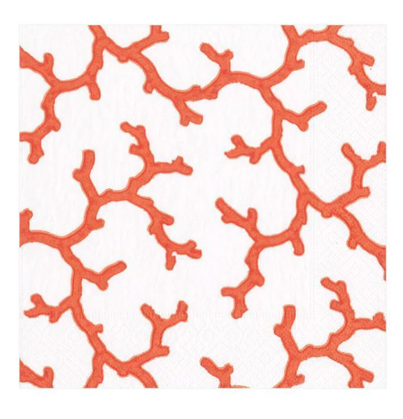 An eco-friendly Caspari The Coral Sea cocktail napkin with an orange and white pattern.