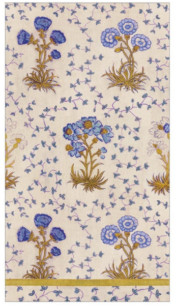 Caspari Semis de Fleurs Blue Guest Towels, featuring a floral fabric pattern with blue and purple flowers and green stems on a light background, interspersed with small blue butterflies, printed in Germany.