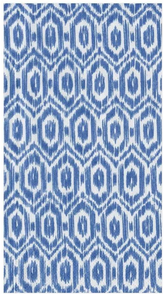 A blue and white rug featuring a geometric pattern of hexagons and diamonds, perfect for complementing your décor alongside our eco-friendly Caspari Amala Ikat Blue Guest Towel.