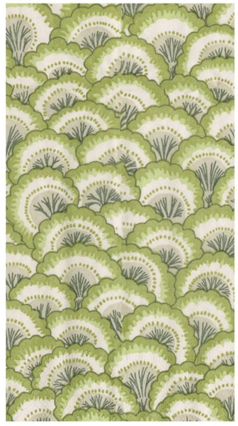 Green and white floral pattern wallpaper design featuring Caspari Pontchartrain Scallop Green Guest Towels.