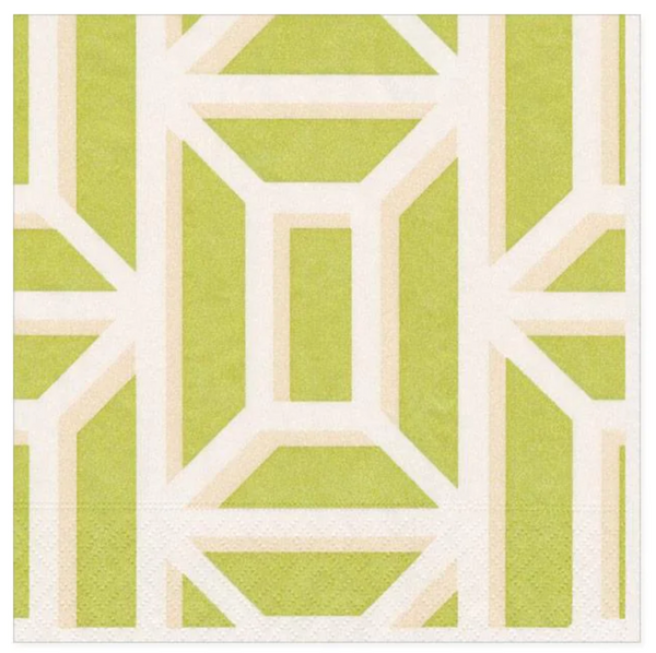 A geometric pattern with white lines creating symmetrical shapes on eco-friendly, compostable Caspari Garden Gate Paper Linen Cocktail Napkins in Grass with a green textured background.