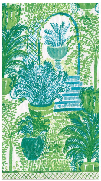 Illustration of a lush green and blue garden scene with various potted plants, Caspari Palm Fronds Sunset palms, and a fountain within an arched framework decorated with Caspari eco-friendly napkins.