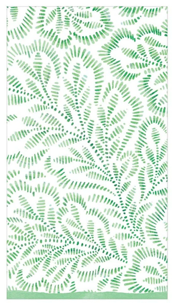 A vertical image featuring the eco-friendly Caspari Block Print Leaves Paper Guest Towel Napkins in Green, adorned with a pattern of green leaf-like shapes and dotted lines.