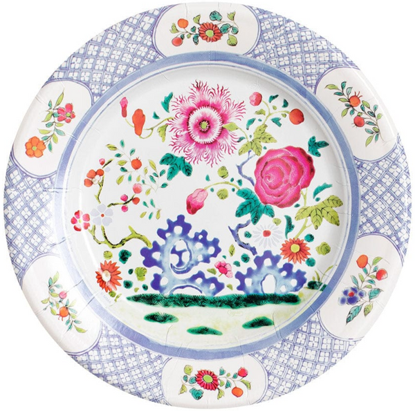 The Caspari Floral Porcelain Salad/Dessert Plates, Set of 8, by Caspari showcases a detailed floral pattern with various colorful flowers and leaves, encircled by a blue and white geometric border adorned with additional floral motifs. These plates are crafted from high-quality paperboard, making them perfect for elegant dinnerware settings.