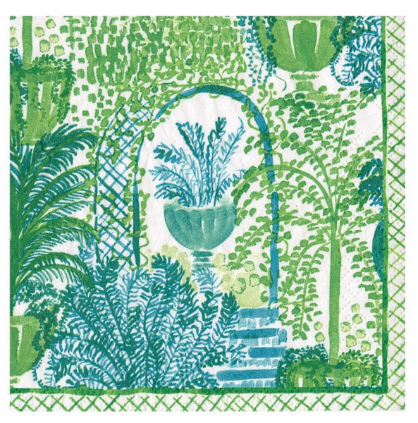 A triple-ply, Palm Fronds Sunset print of a garden on Caspari environmentally-conscious napkins.