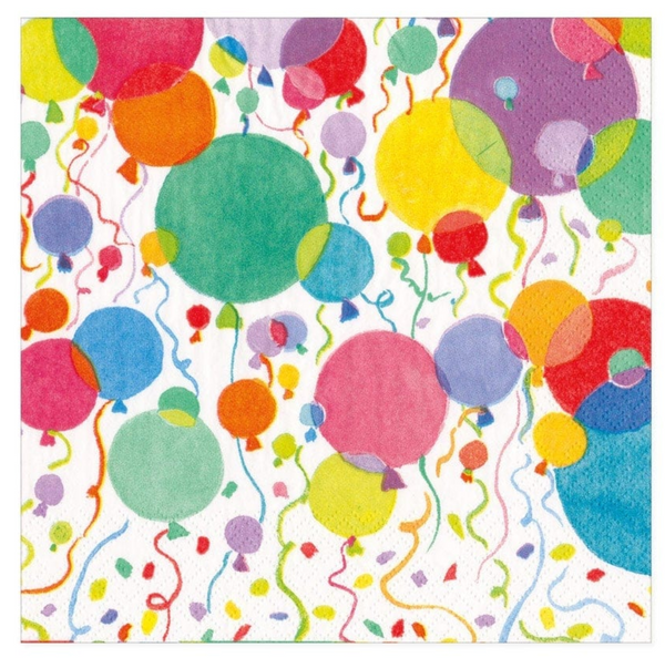 Colorful illustration of assorted Caspari balloons with strings and compostable confetti.