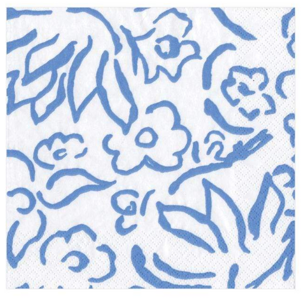 Blue floral pattern on eco-friendly Caspari Matisse Blue Cocktail Napkins with a white background.