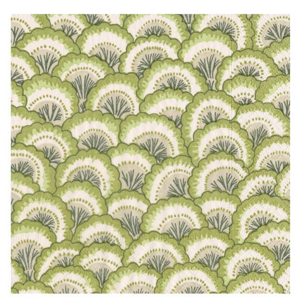 A seamless pattern of Caspari Pontchartrain Scallop Green Cocktail Napkins on eco-friendly, triple-ply napkins.