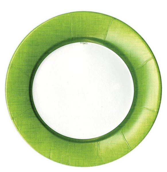 A Caspari Linen Moss Green Salad/Dessert Plate, part of a pack of 8, featuring a round shape with a green border and a plain white center made from high-quality paperboard.