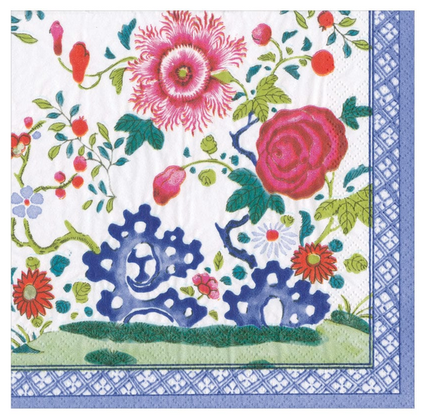 A blue and pink floral pattern on a durable white Caspari Floral Porcelain Luncheon Napkin.