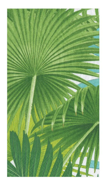 Illustration of tropical palm leaves with varying shades of green against a light background, printed on eco-friendly Caspari Palm Fronds Paper Guest Towel Napkins in White.