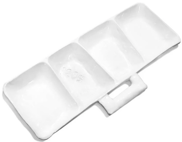 A white, handmade ceramic Montes Doggett Appetizer Platform Tray by Ibolili/Montes Doggett with four compartments, embossed with the number "4205" and featuring a handle on one side. This high-fired creation is also conveniently dishwasher safe.