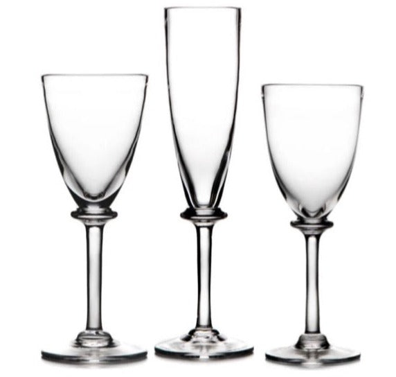 Three empty clear wine glasses with varying shapes and sizes are displayed against a plain white background, epitomizing the elegance of the Simon Pearce Cavendish Collection by Simon Pearce.