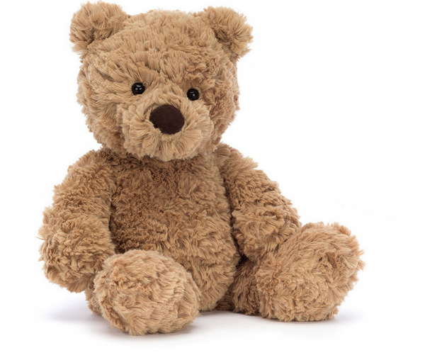 A plush brown teddy bear with black eyes and a dark brown nose, the charming Jellycat Bumbly Bear, Small, sits upright against a white background, perfect for vintage style bedtime hugs.