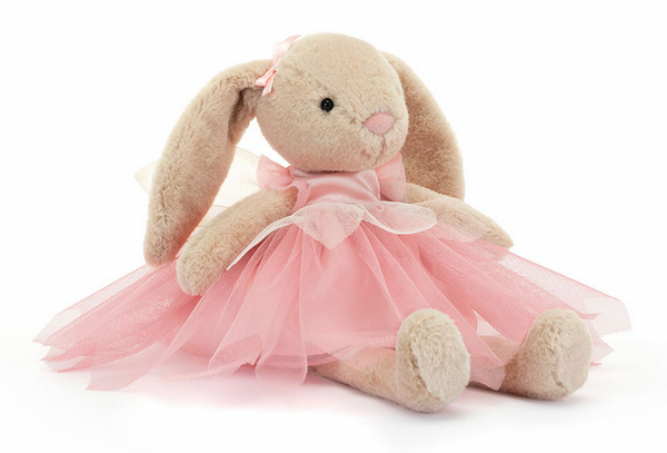 A plush, light brown stuffed bunny named Jellycat Lottie Bunny Fairy, adorned in a pink tutu dress and a small pink bow on one ear.