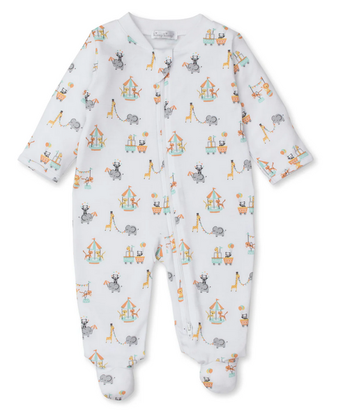 The Kissy Kissy Circus Crew Footie by Kissy Kissy is a luxurious white baby onesie made from Pima cotton, adorned with a colorful circus print featuring elephants, giraffes, and tents.