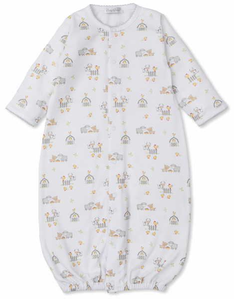 The Kissy Kissy Farmyard Frolic Convertible Gown by Kissy Kissy is a white baby sleeping gown with long sleeves, adorned with a charming farm animal pattern featuring cows, sheep, and chickens. Made from soft Pima cotton, it includes snap buttons along the front for easy wear—perfect for a cozy night's sleep during farmyard frolics.