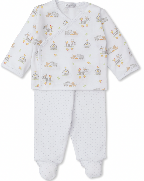 The Kissy Kissy Farmyard Frolic Footed Pant Set by Kissy Kissy is a two-piece baby outfit designed for easy changing, featuring a white cross-over top with playful animal prints and footed pants adorned with small grey dots and an elastic waist.