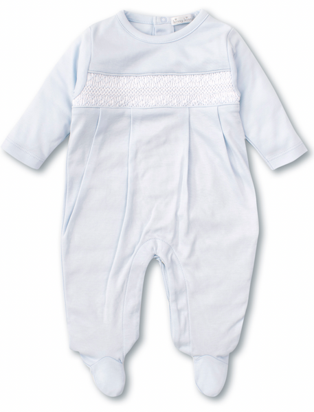 The Kissy Kissy Footie with Hand Smocking by Kissy Kissy is a light blue, long-sleeved baby footie featuring a decorative white smocked band across the chest, crafted from soft pima cotton.