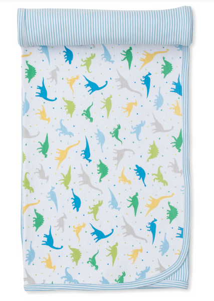 A Kissy Kissy Dinosaurs Galore Reversible Blanket from the Kissy Kissy brand, featuring a colorful dinosaur print on one side and a blue striped edge, crafted from soft Pima cotton.