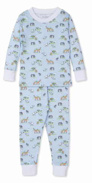 Introducing the Kissy Kissy Jungle Oasis Printed Pajama Set, a super-soft set of children's pajamas crafted from premium Pima cotton. This adorable sleepwear includes a long-sleeved top and pants, both featuring a light blue background decorated with an enchanting animal print pattern highlighting giraffes, elephants, and other delightful creatures. Brought to you by the renowned brand Kissy Kissy.