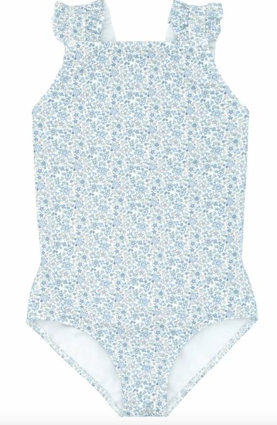 Minnow's Ruffle Sleeve Rashguard One Piece swimsuit features a blue floral print, ruffle sleeves, a high neckline, and offers UPF 50+ protection.