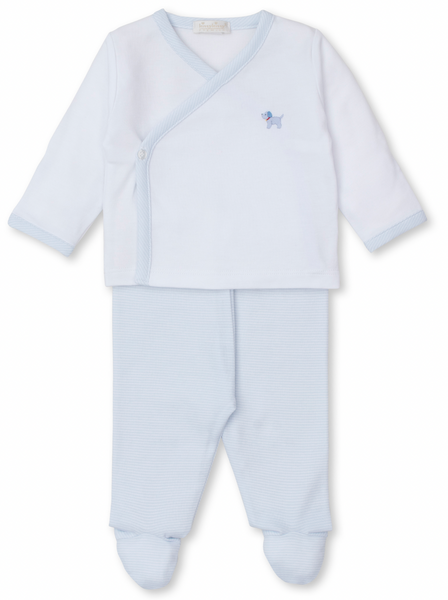 The Kissy Kissy Premier Hand Embroidered Puppies Footed Pant Set from Kissy Kissy is a baby's white and light blue long-sleeved outfit made of soft Pima cotton, adorned with an embroidered dog design on the chest and accompanied by cozy footed pants.