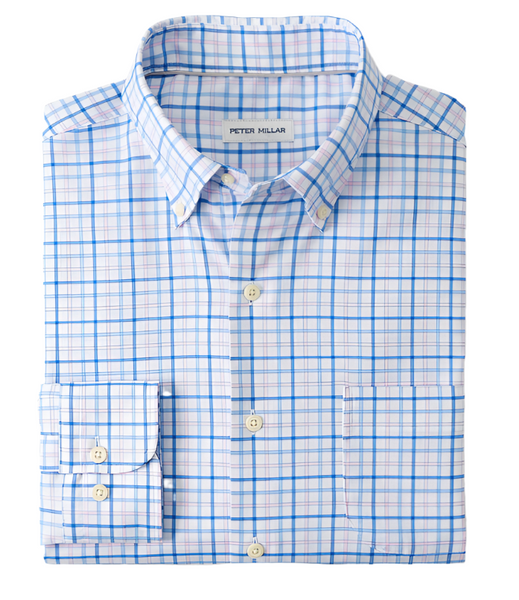 The Peter Millar Cutler Cotton-Stretch Sport Shirt features a neatly folded, breathable blend long-sleeve design with a blue and white plaid pattern, a button-down collar, and a pocket on the left chest.