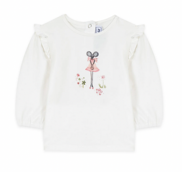 Introducing the Tartine et Chocolat Long Sleeve Flower Little Mouse Tee by Tartine et Chocolat, a white long-sleeved T-shirt for baby girls adorned with an adorable mouse in a dress graphic on the front and crafted from soft fabric.