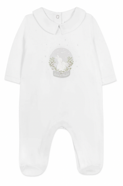 The Tartine et Chocolat Pyjama Snowball Bunny Onesie is a white, long-sleeve infant onesie featuring a delicate collar, ideal for newborns. Crafted from 100% cotton, its front showcases an illustration of a white rabbit against a gray background with text at the bottom. This cozy piece from Tartine et Chocolat is perfect for doubling as pajamas for your little one.