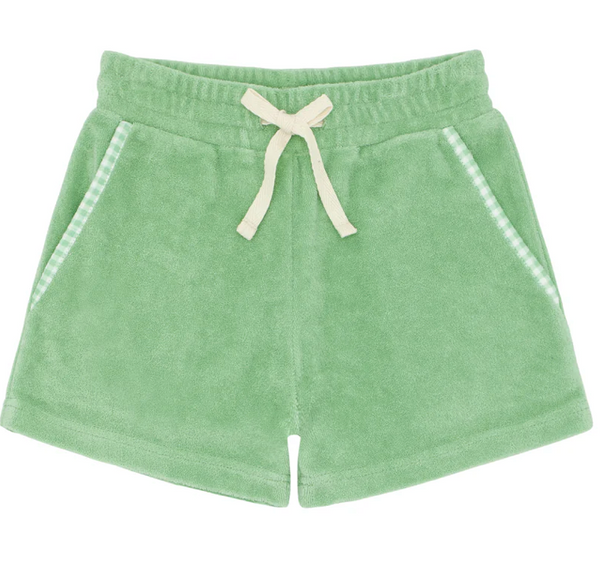 The Minnow Boys Palm Green French Terry Shorts by Minnow feature a beige drawstring, light green checkered accents on the side pockets, and an elastic waist for a relaxed fit.