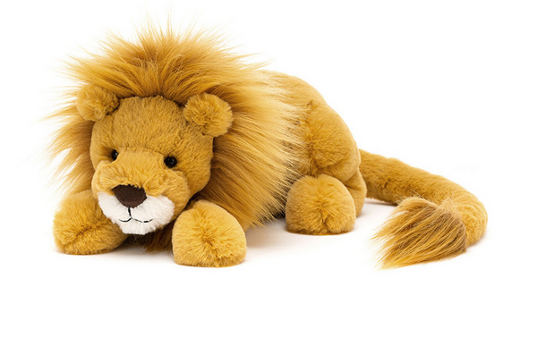 A Jellycat Louie Lion, Little with soft honey fur and a majestic mane lies on a white background.