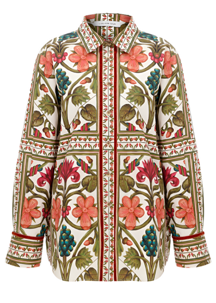 A Lug Von Siga Franzie Top from Lug Von Siga featuring a bold floral design and grapevine pattern in red, green, and cream tones on a white background, complete with a button-up front closure.