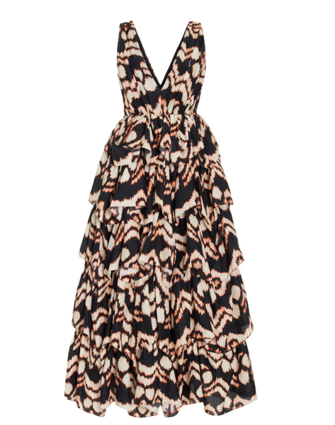 The Ulla Johnson Dephne Dress by Ulla Johnson is a sleeveless, multi-layered dress with a deep V-neckline, showcasing a bold abstract pattern in black, brown, and white, and featuring a midi-length ruffle skirt.